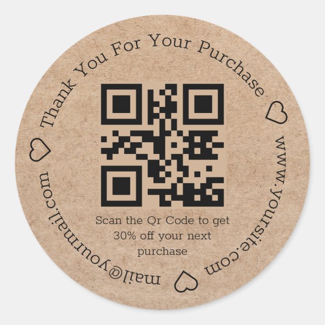 elegant minimal thank you business qr code kraft classic round sticker (Front)