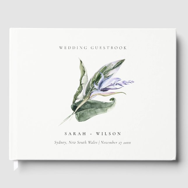 Elegant Minimal Tropical Blue Leafy Floral Wedding Guest Book (Front)