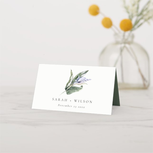 Elegant Minimal Tropical Blue Leafy Floral Wedding Place Card (Front)