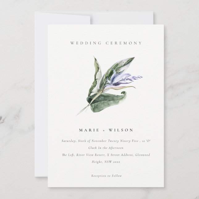 Elegant Minimal Tropical Leafy Blue Floral Wedding Invitation (Front)
