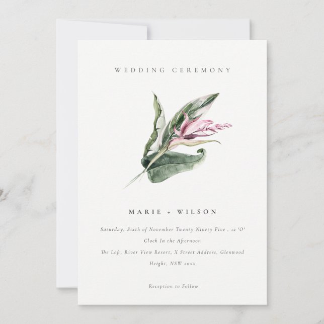 Elegant Minimal Tropical Leafy Pink Floral Wedding Invitation (Front)