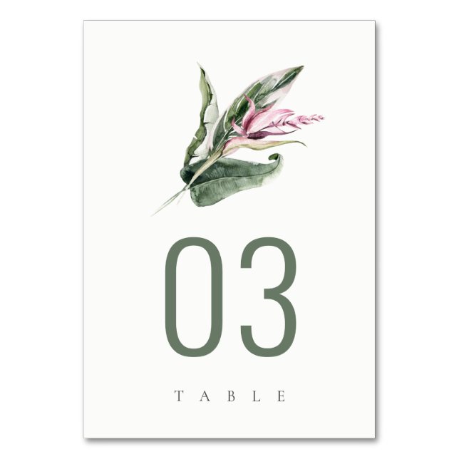 Elegant Minimal Tropical Leafy Pink Floral Wedding Table Number (Front)