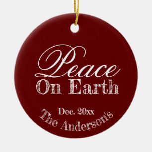 Elegant Minimal Typography Red Peace On Earth  Ceramic Tree Decoration