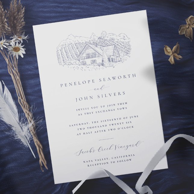 Elegant Minimal Vineyard Illustration Wedding Invitation (Elegant white wedding invitation with an illustration of a vineyard)