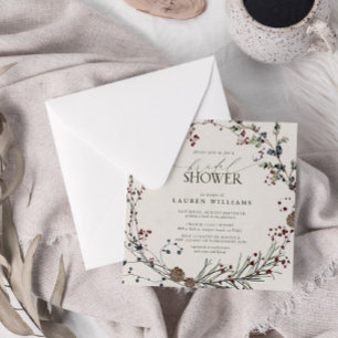 Elegant Minimal Watercolor Berry Wreath Greenery Invitation