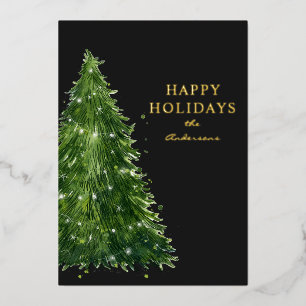elegant minimal watercolor christmas tree holidays foil holiday card