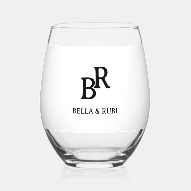 Elegant Minimal Wedding Monogram Stemless Wine Gla Glass (Front)