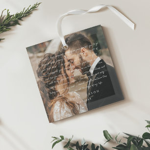 Elegant Minimal Wedding Vow script Couple Photo Glass Tree Decoration