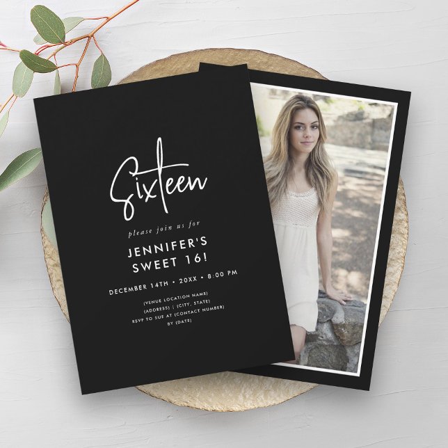 Elegant Minimal White Black Photo Sweet 16  Invitation (Elegant Minimal White Black Photo Sweet 16 Invitation)