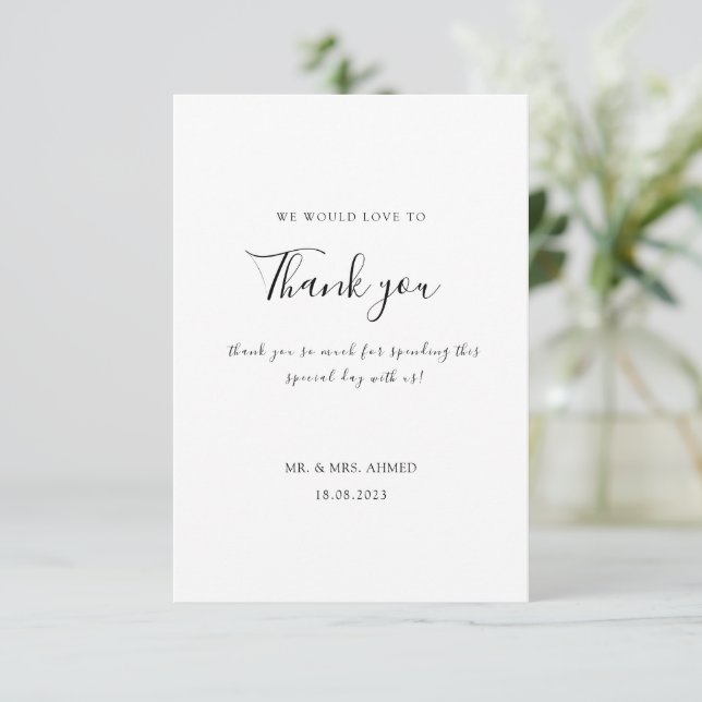 Elegant Minimal White Black Stylish Muslim Wedding Thank You Card (Standing Front)
