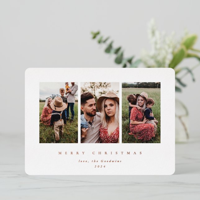 Elegant Minimal White Frame Triple Photo Foil Holiday Card (Standing Front)