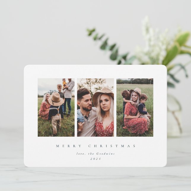 Elegant Minimal White Frame Triple Photo Holiday Card (Standing Front)