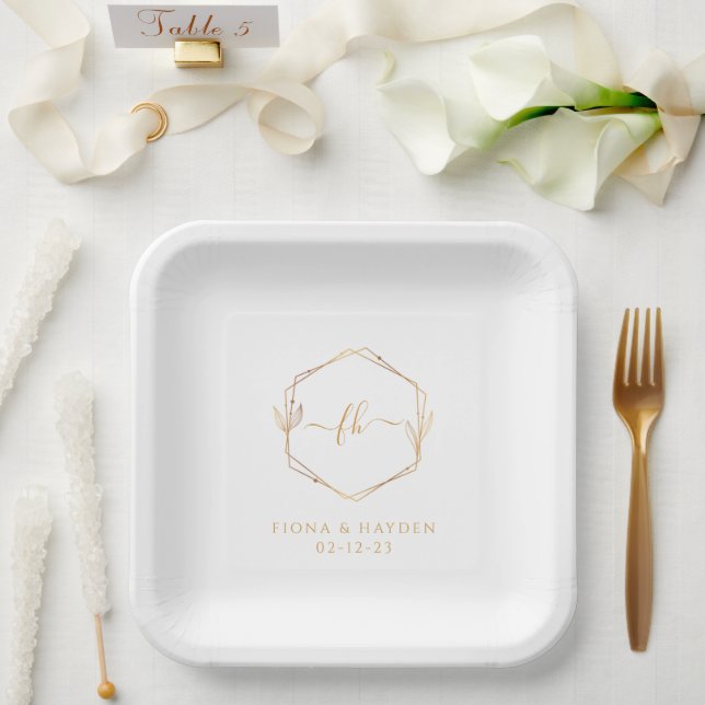 Elegant Minimal White Gold Monogrammed Wedding Paper Plate (Wedding)