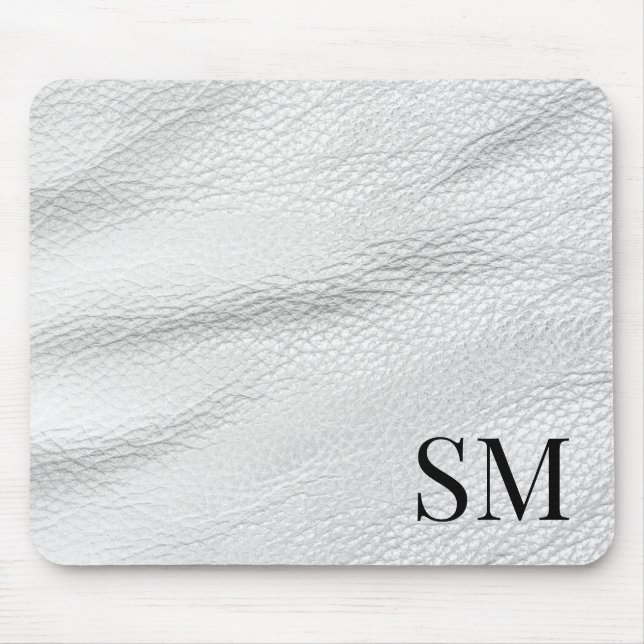 Elegant Minimal White Leather Monogram Mouse Mat (Front)