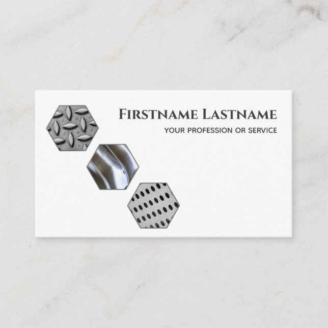 Elegant minimal white steel metal expert hexagonal business card (Front)
