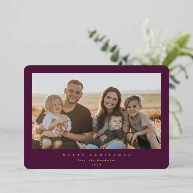 Elegant Minimal Winterberry Frame Single Photo Foil Holiday Card (Standing Front)