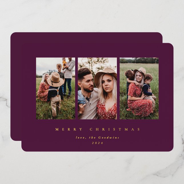 Elegant Minimal Winterberry Frame Triple Photo Foil Holiday Card (Front/Back)