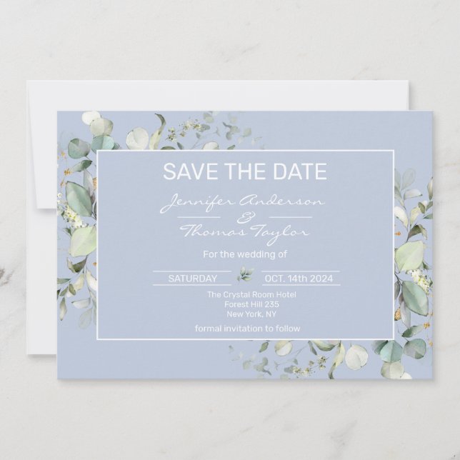Elegant, Minimalism, Green Leaves Save The Date  (Front)
