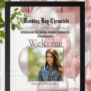 Elegant Minimalist 1 Photo Newspaper Bridal Shower Acrylic Sign