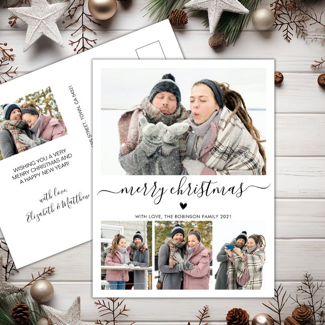 Elegant Minimalist 4 Photo Collage Christmas Postcard (Creator Uploaded)
