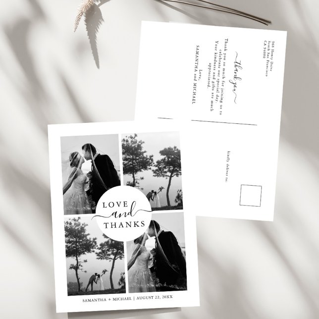 Elegant Minimalist 4 Photo Wedding Thank You Postcard (Creator Uploaded)