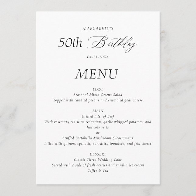 Elegant Minimalist 50th Birthday Menu (Front)