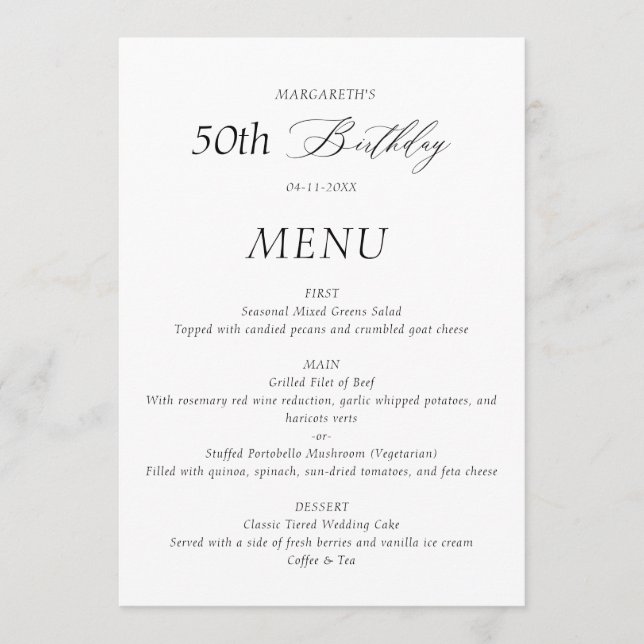 Elegant Minimalist 50th Birthday Menu (Front)