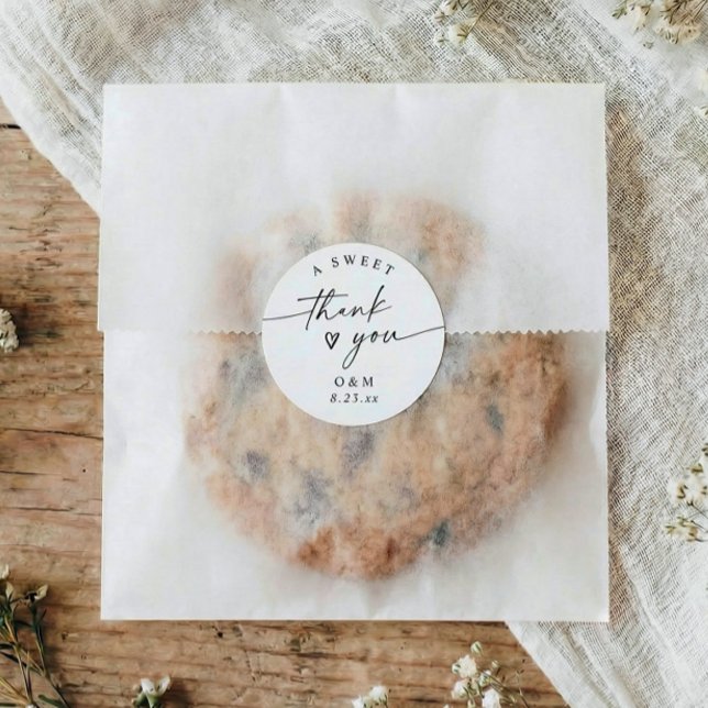 Elegant Minimalist A Sweet Thank You Wedding Favor Classic Round Sticker (modern black and white wedding favor sticker a sweet thank you handwritten script heart)