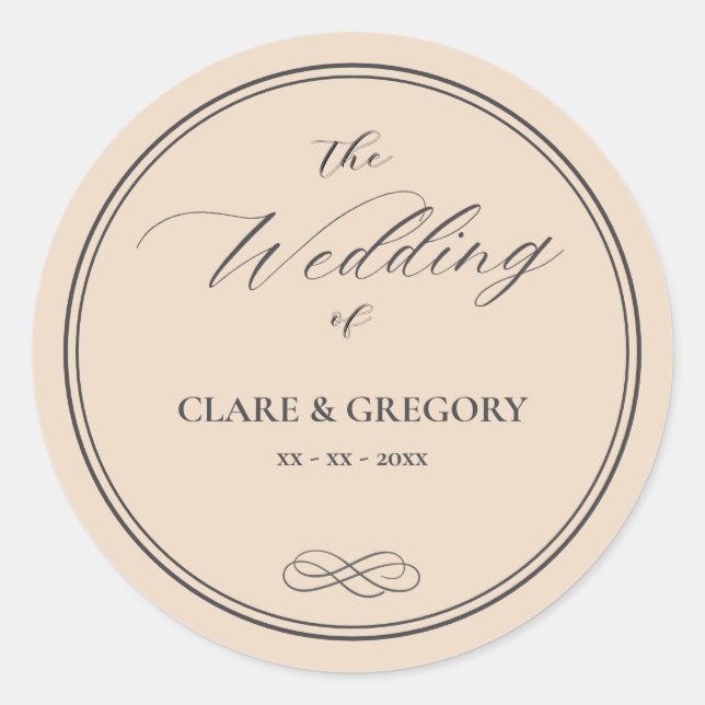 Elegant Minimalist Almond Grey Wedding Classic Round Sticker (Front)