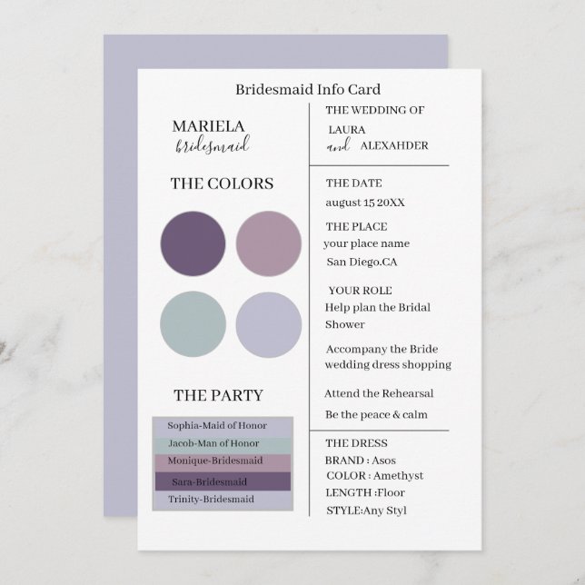 Elegant Minimalist Amethyst Bridesmaid Invitation (Front/Back)