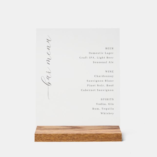 Elegant Minimalist Bar Menu Acrylic Sign (Front)