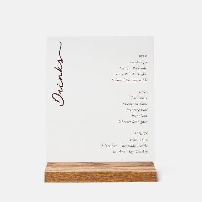 Elegant Minimalist Beverage Menu Sign (Front)