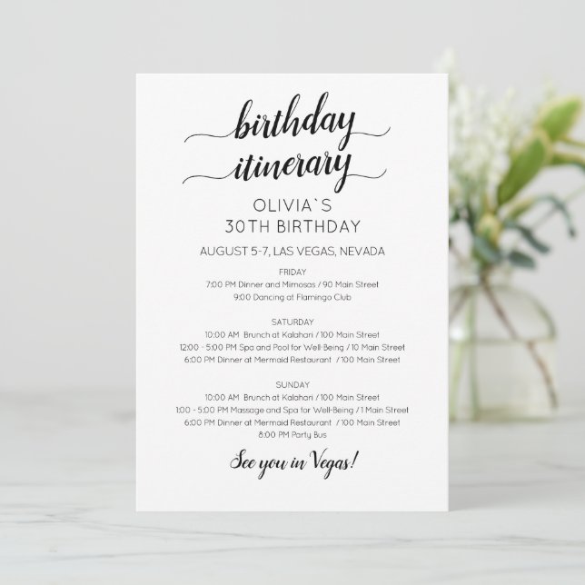 Elegant Minimalist Birthday Itinerary Invitation (Standing Front)