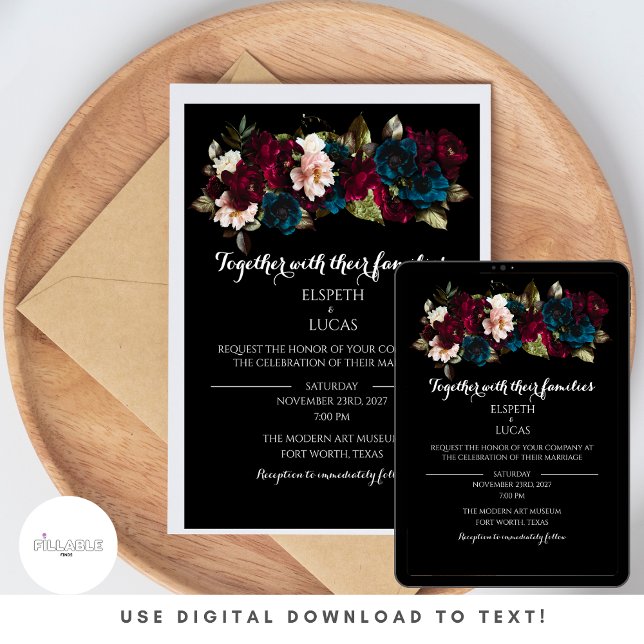 Elegant Minimalist Black and Floral Wedding Invitation (Available for digital download - use this feature to email your invitations! Eco friendly!)