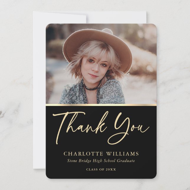 Elegant Minimalist Black and Gold Photo Graduation Thank You Card (Front)