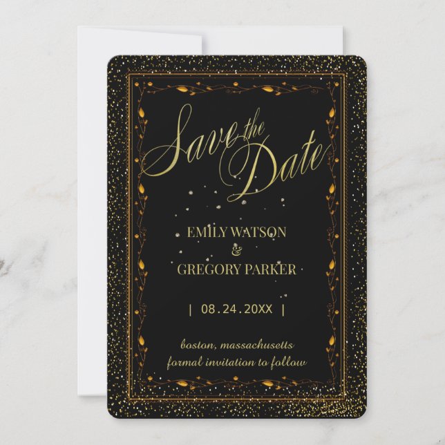 Elegant Minimalist Black and Gold  Save the Date (Front)