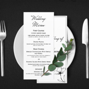 Elegant Minimalist Black and White Floral Wedding Menu