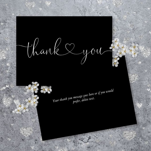 Elegant Minimalist Black And White Heart Script Thank You Card (Elegant Minimalist Black And White Heart Script Thank You Card)