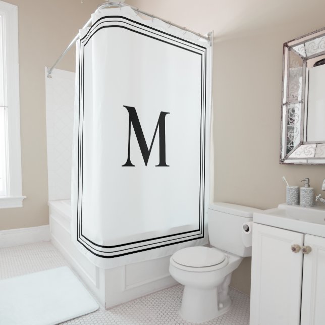 Elegant Minimalist Black and White Monogram Shower Curtain (In Situ)