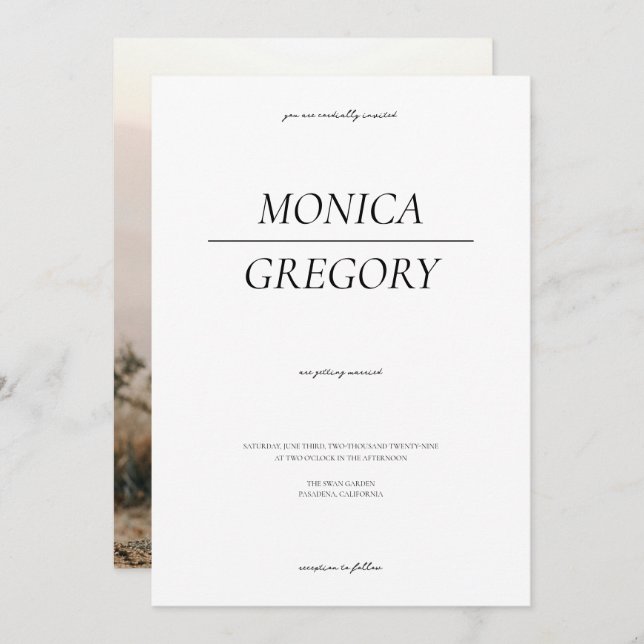 Elegant Minimalist Black and White Photo Wedding Invitation (Front/Back)
