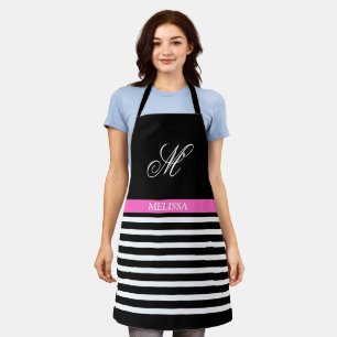 Elegant Minimalist Black and White Pink Ribbon Apron