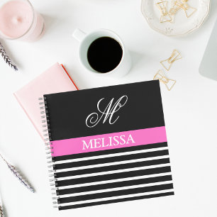Elegant Minimalist Black and White Pink Ribbon Notebook