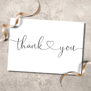 Elegant Minimalist Black And White Script Heart Thank You Card