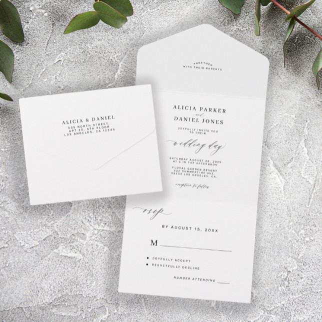 Elegant minimalist black and white simple wedding all in one invitation (Creator Uploaded)