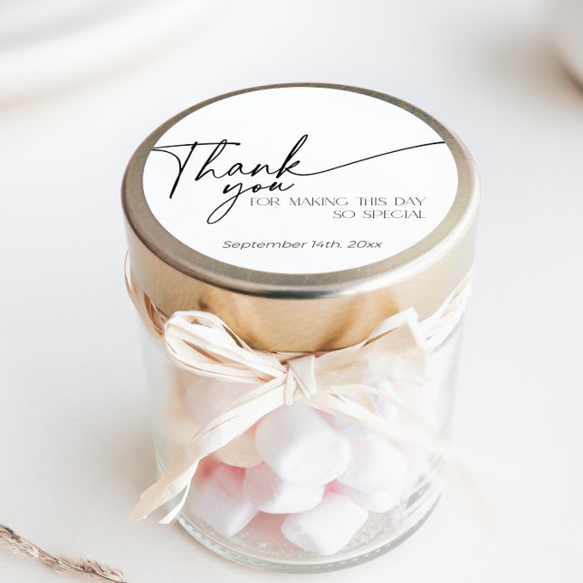 Elegant Minimalist Black and White Thank You  Classic Round Sticker (Minimalist round Thank You Sticker)