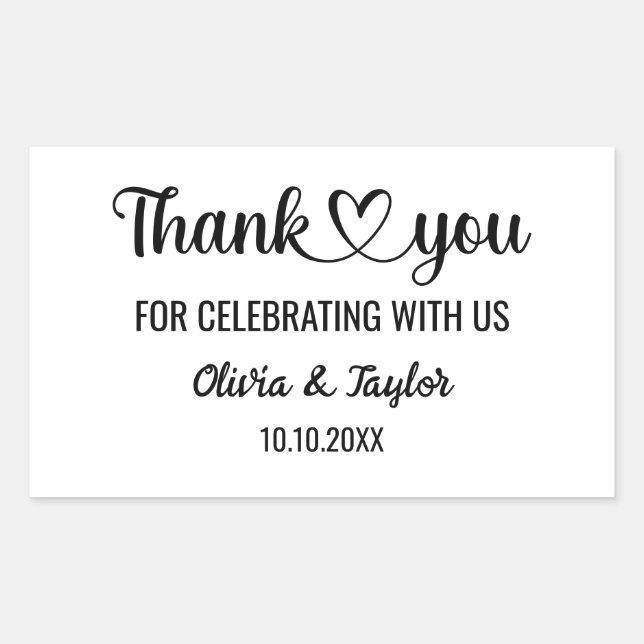 Elegant Minimalist Black And White Thank You Heart Rectangular Sticker (Front)