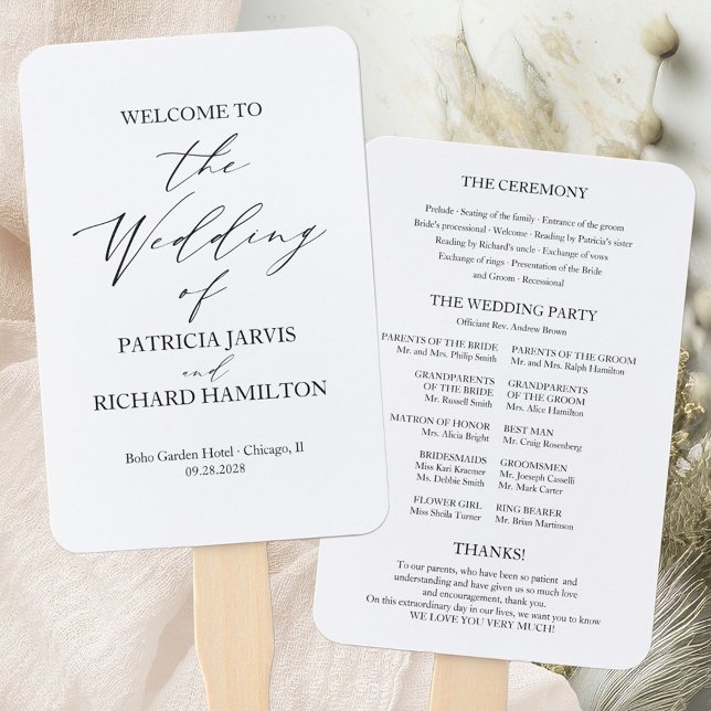 Elegant Minimalist Black And White Wedding Program Hand Fan (Creator Uploaded)