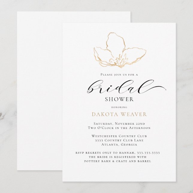 Elegant Minimalist Black Gold Bridal Shower Invitation (Front/Back)