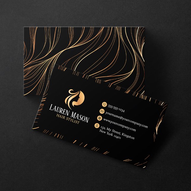 Elegant Minimalist Black Gold HairStylist Salon Business Card (Creator Uploaded)