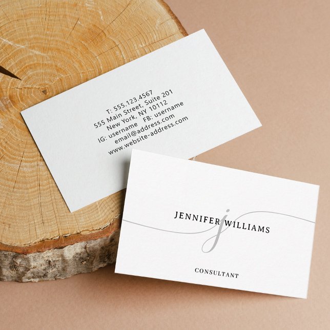 Elegant Minimalist Black Grey Script Monogram Business Card (Creator Uploaded)